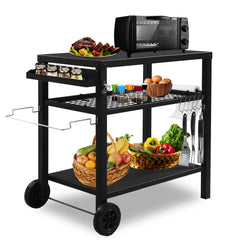 HAOYYE Outdoor Grill Cart Three Shelf BBQ Table with Wheels and Hooks, Movable Black Prep Station with Storage Rack, Spice Rack and Bottle Opener, Heavy Duty Metal Barbecue Trolley for Backyard Cooking Camping Patio