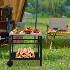 HAOYYE Stainless Steel Grill Cart Outdoor Prep Table with Wheels, BBQ Flat Top Trolley Island with Storage Shelf, Hooks, Beer Opener, Tissue Rack, Movable Black Worktable for Patio Cooking Camping Parties