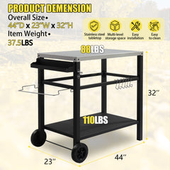 HAOYYE Stainless Steel Grill Cart Outdoor Prep Table with Wheels, BBQ Flat Top Trolley Island with Storage Shelf, Hooks, Beer Opener, Tissue Rack, Movable Black Worktable for Patio Cooking Camping Parties