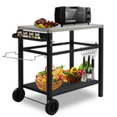 HAOYYE Stainless Steel Grill Cart Outdoor Prep Table with Wheels, BBQ Flat Top Trolley Island with Storage Shelf, Hooks, Beer Opener, Tissue Rack, Movable Black Worktable for Patio Cooking Camping Parties