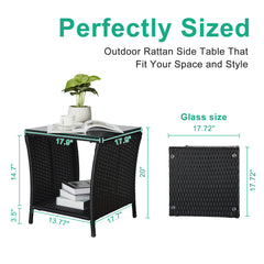 HAOYYE Outdoor Wicker Side Table with Tempered Glass Top and Storage Shelf, Square Patio End Table Bistro Coffee Table for Porch Garden Balcony Backyard, Black All-Weather PE Rattan with Iron Frame, Easy Assembly