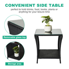 HAOYYE Outdoor Wicker Side Table with Tempered Glass Top and Storage Shelf, Square Patio End Table Bistro Coffee Table for Porch Garden Balcony Backyard, Black All-Weather PE Rattan with Iron Frame, Easy Assembly