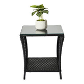 HAOYYE Outdoor Wicker Side Table with Tempered Glass Top and Storage Shelf, Square Patio End Table Bistro Coffee Table for Porch Garden Balcony Backyard, Black All-Weather PE Rattan with Iron Frame, Easy Assembly