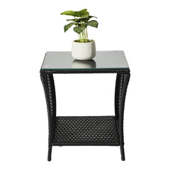 HAOYYE Outdoor Wicker Side Table with Tempered Glass Top and Storage Shelf, Square Patio End Table Bistro Coffee Table for Porch Garden Balcony Backyard, Black All-Weather PE Rattan with Iron Frame, Easy Assembly