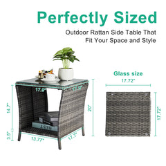 HAOYYE Outdoor Patio Wicker Side Table, Grey Square End Table with Glass Top and Storage Shelf, All-Weather PE Rattan Coffee Table for Porch Garden Balcony Backyard Bistro Decor