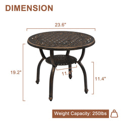 HAOYYE Cast Aluminum Outdoor Side Table, Anti-Rust Patio Coffee Bistro Table with Middle Shelf for Indoor Garden Porch Balcony, Antique Bronze Finish