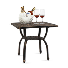 HAOYYE Cast Aluminum Outdoor Side Table, Anti-Rust Patio Coffee Bistro Table with Middle Shelf for Garden Porch Balcony, Antique Bronze Finish