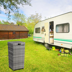 HAOYYE Outdoor Rattan Trash Can with Top Cover Gray Gradient Iron Frame Wicker Style Garbage Bin for Patio Garden Balcony Deck Waterproof Durable Decorative Waste Storage Container