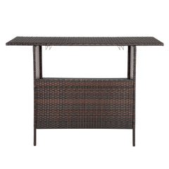 HAOYYE Modern Brown Gradient Bar Table Stylish Rattan Pub Table with Stainless Steel Cup Holders for Home Kitchen Dining Living Room Small Space Furniture
