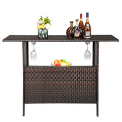 HAOYYE Modern Brown Gradient Bar Table Stylish Rattan Pub Table with Stainless Steel Cup Holders for Home Kitchen Dining Living Room Small Space Furniture