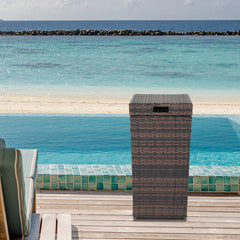 HAOYYE Outdoor Rattan Trash Can with Top Cover Brown Gradient Iron Frame Wicker Style Waste Bin for Patio Garden Balcony Deck Waterproof Durable Garbage Container Decorative Storage Solution