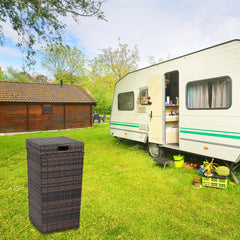 HAOYYE Outdoor Rattan Trash Can with Top Cover Brown Gradient Iron Frame Wicker Style Waste Bin for Patio Garden Balcony Deck Waterproof Durable Garbage Container Decorative Storage Solution