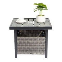 HAOYYE Outdoor Wicker Side Table with Umbrella Hole and Hidden Storage Square PE Rattan End Table for Patio Garden Deck Poolside Weather Resistant Small Table for Outdoor Furniture Set Grey