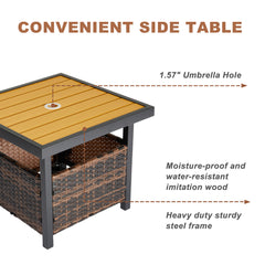 HAOYYE Outdoor Wicker Side Table with Umbrella Hole and Storage Shelf, Square PE Rattan End Table with Steel Frame and Imitation Wood Top for Patio Garden Deck Backyard Poolside,