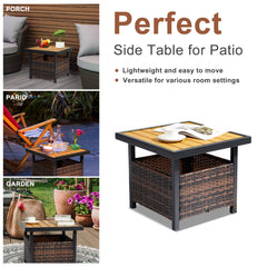 HAOYYE Outdoor Wicker Side Table with Umbrella Hole and Storage Shelf, Square PE Rattan End Table with Steel Frame and Imitation Wood Top for Patio Garden Deck Backyard Poolside,