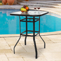 Haoyye Square Outdoor Bar Table, Black Bar Height Bistro Table With Tempered Glass Top And Umbrella Hole, Perfect For Patio, Yard, Or Poolside
