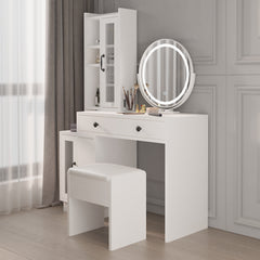 HAOYYE Modern Makeup Vanity Table Set with Side Cabinet, LED Mirror, 3 Light Colors, Retractable Dressing Table with Power Outlets, Adjustable LED Lighting, Storage Drawer, Elegant Makeup Desk for Bedroom, Dressing Room, Home Use