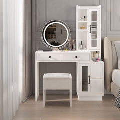 HAOYYE Modern Makeup Vanity Table Set with Side Cabinet, LED Mirror, 3 Light Colors, Retractable Dressing Table with Power Outlets, Adjustable LED Lighting, Storage Drawer, Elegant Makeup Desk for Bedroom, Dressing Room, Home Use