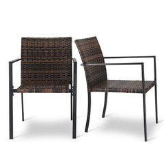 HAOYYE Set of 2 Stackable Outdoor Wicker Dining Chairs with Armrests, Brown All-Weather Rattan Patio Chairs with Steel Frame, Comfortable Firepit Armchairs for Deck Garden Porch Yard