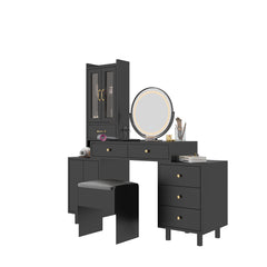 HAOYYE Modern Makeup Vanity Table Set with Side Cabinet, LED Mirror, 3 Light Colors, Retractable Dressing Table with Power Outlets, Adjustable LED Lighting, Storage Drawer, Elegant Makeup Desk for Bedroom, Dressing Room, Home Use