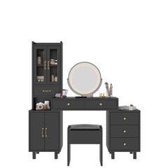 HAOYYE Modern Makeup Vanity Table Set with Side Cabinet, LED Mirror, 3 Light Colors, Retractable Dressing Table with Power Outlets, Adjustable LED Lighting, Storage Drawer, Elegant Makeup Desk for Bedroom, Dressing Room, Home Use