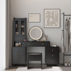 HAOYYE Modern Makeup Vanity Table Set with Side Cabinet, LED Mirror, 3 Light Colors, Retractable Dressing Table with Power Outlets, Adjustable LED Lighting, Storage Drawer, Elegant Makeup Desk for Bedroom, Dressing Room, Home Use