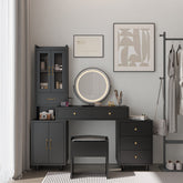 HAOYYE Modern Makeup Vanity Table Set with Side Cabinet, LED Mirror, 3 Light Colors, Retractable Dressing Table with Power Outlets, Adjustable LED Lighting, Storage Drawer, Elegant Makeup Desk for Bedroom, Dressing Room, Home Use