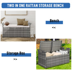 HAOYYE Rattan Storage Bench with Cushion, Gray Gradient PE Wicker Footstool Locker with Lift Top and Iron Frame, Indoor Outdoor Ottoman for Entryway Living Room Balcony Porch 125L Capacity
