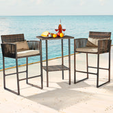 HAOYYE Outdoor 3 Piece Patio Bar Set with Bar Height Bistro Table and 2 High Top Wicker Bar Stools Brown Gradient Rattan Furniture with Beige Cushions and Back Pillows for Deck Balcony Garden