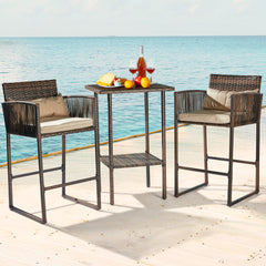HAOYYE Outdoor 3 Piece Patio Bar Set with Bar Height Bistro Table and 2 High Top Wicker Bar Stools Brown Gradient Rattan Furniture with Beige Cushions and Back Pillows for Deck Balcony Garden