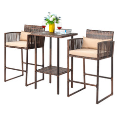HAOYYE Outdoor 3 Piece Patio Bar Set with Bar Height Bistro Table and 2 High Top Wicker Bar Stools Brown Gradient Rattan Furniture with Beige Cushions and Back Pillows for Deck Balcony Garden