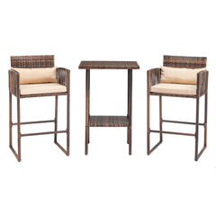 HAOYYE Outdoor 3 Piece Patio Bar Set with Bar Height Bistro Table and 2 High Top Wicker Bar Stools Brown Gradient Rattan Furniture with Beige Cushions and Back Pillows for Deck Balcony Garden