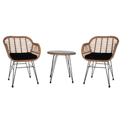 HAOYYE 3 Piece Wicker Patio Conversation Set with Round Tempered Glass Table, Flaxen Yellow PE Rattan Outdoor Armchairs for Balcony Porch Garden Deck, Indoor Outdoor All-Weather Furniture Set