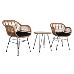 HAOYYE 3 Piece Wicker Patio Conversation Set with Round Tempered Glass Table, Flaxen Yellow PE Rattan Outdoor Armchairs for Balcony Porch Garden Deck, Indoor Outdoor All-Weather Furniture Set