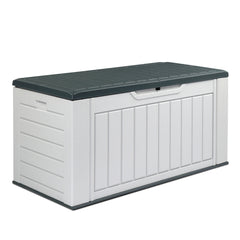 HAOYYE 158 Gallon Large Resin Deck Box Outdoor Waterproof Storage Container HDPE Plastic Patio Storage Box with Vertical Texture Lockable Lid for Garden Porch Backyard Pool Bench Gray and White