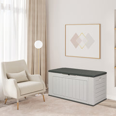 HAOYYE 158 Gallon Large Resin Deck Box Outdoor Waterproof Storage Container HDPE Plastic Patio Storage Box with Vertical Texture Lockable Lid for Garden Porch Backyard Pool Bench Gray and White