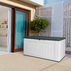 HAOYYE 158 Gallon Large Resin Deck Box Outdoor Waterproof Storage Container HDPE Plastic Patio Storage Box with Vertical Texture Lockable Lid for Garden Porch Backyard Pool Bench Gray and White