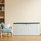 HAOYYE 158 Gallon Large Resin Deck Box Outdoor Waterproof Storage Container HDPE Plastic Patio Storage Box with Vertical Texture Lockable Lid for Garden Porch Backyard Pool Bench Gray and White