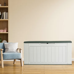 HAOYYE 158 Gallon Large Resin Deck Box Outdoor Waterproof Storage Container HDPE Plastic Patio Storage Box with Vertical Texture Lockable Lid for Garden Porch Backyard Pool Bench Gray and White