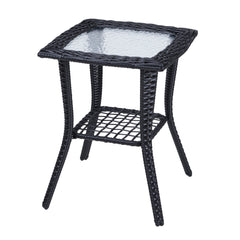 HAOYYE Outdoor Wicker Side Table with Tempered Glass Top, Rattan End Table with Lower Shelf for Storage, Bistro Coffee Table for Patio Balcony Porch Indoor Garden Furniture Decor