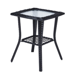 HAOYYE Outdoor Wicker Side Table with Tempered Glass Top, Rattan End Table with Lower Shelf for Storage, Bistro Coffee Table for Patio Balcony Porch Indoor Garden Furniture Decor