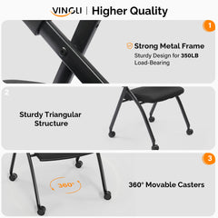 HAOYYE 1 Pack Stackable Folding Office Chair with Wheels and Padded Seat Rebound Back Black PU Upholstery Metal Frame Conference Guest Reception Training Room Chair Fully Assembled Supports 350lbs