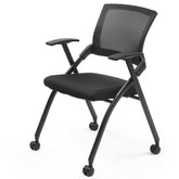 HAOYYE 1 Pack Stackable Folding Office Chair with Wheels and Padded Seat Rebound Back Black PU Upholstery Metal Frame Conference Guest Reception Training Room Chair Fully Assembled Supports 350lbs