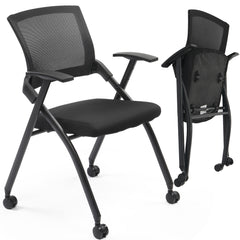 HAOYYE 1 Pack Stackable Folding Office Chair with Wheels and Padded Seat Rebound Back Black PU Upholstery Metal Frame Conference Guest Reception Training Room Chair Fully Assembled Supports 350lbs