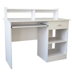 HAOYYE Modern White Computer Desk with Drawer and Shelves, E1 15MM Chipboard Study Writing Table for Home Office Workstation