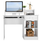 HAOYYE Modern White Computer Desk with Drawer and Shelves, E1 15MM Chipboard Study Writing Table for Home Office Workstation