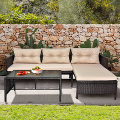 HAOYYE 3 Piece Outdoor PE Rattan Furniture Set Patio Wicker Conversation Sofa Sectional Loveseat with Comfortable Khaki Cushions Weather Resistant Black Frame for Garden Balcony Deck Backyard