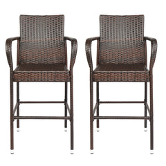 HAOYYE 2PCS High Bar Chairs Brown Gradient Rattan with Footrest and Armrest, Heavy Duty Outdoor PE Wicker Tall Stools with Iron Frame for Patio Balcony Bistro Pub Kitchen Island Seating