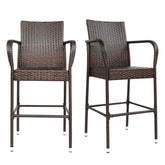HAOYYE 2PCS High Bar Chairs Brown Gradient Rattan with Footrest and Armrest, Heavy Duty Outdoor PE Wicker Tall Stools with Iron Frame for Patio Balcony Bistro Pub Kitchen Island Seating