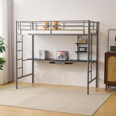 HAOYYE Twin Size Metal Loft Bed with Desk & Storage Shelves, 2 Built-in Ladders, Full-Length Guardrails, No Box Spring Needed, Noise-Free, Sturdy Frame for Teens, Juniors, Adults, Space-Saving Grey Loft Bed Frame